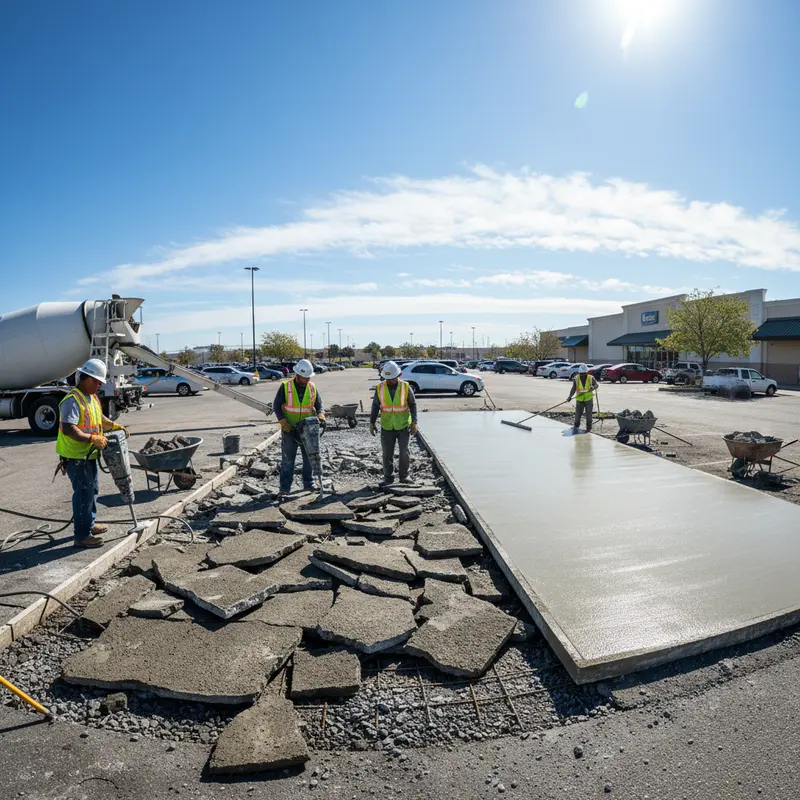 Concrete crew removing a failed slab section next to a fresh concrete pour in Dallas-Fort Worth, TX - EJT Construction Management