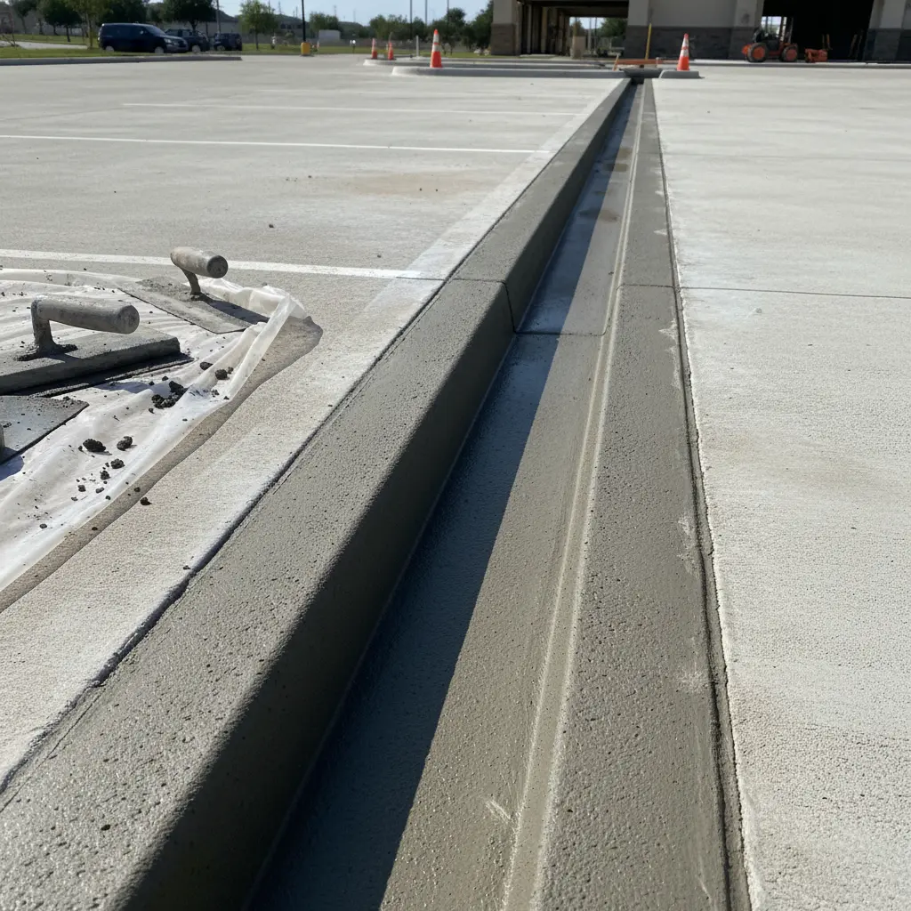 Freshly poured commercial concrete curb and gutter in Dallas-Fort Worth, TX - EJT Construction Management
