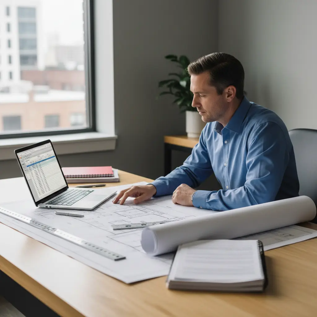 Commercial construction estimator reviewing project plans - EJT Construction Management
